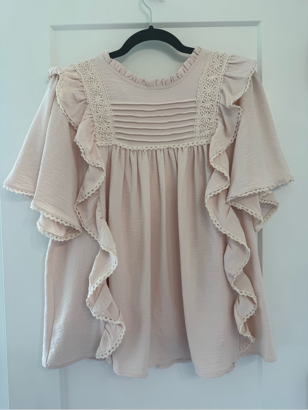 Light Blush Ruffle Boho Blouse with Crochet Trim